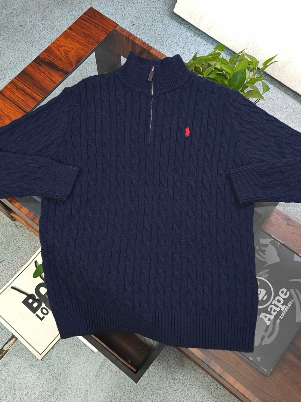 Polo by Ralph Lauren Navy Cable-Knit Half-Zip Sweater with Red Pony